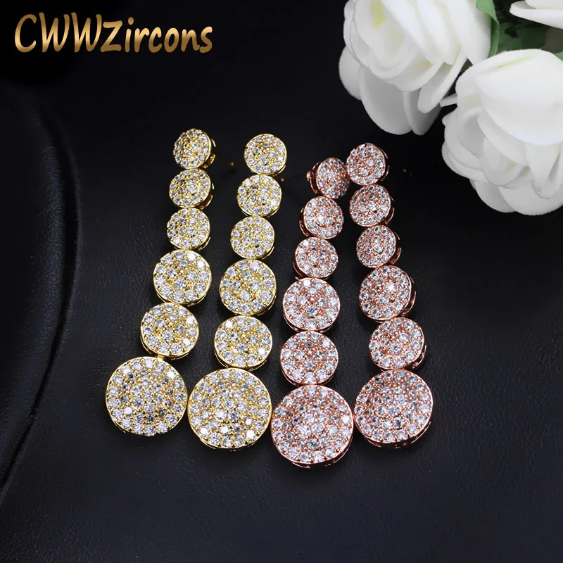 CWWZircons Высококачественные Серьги из розового золота с микро-прокладкой CZ Zirconia, Длинные круглые серьги-капли для женщин CZ206