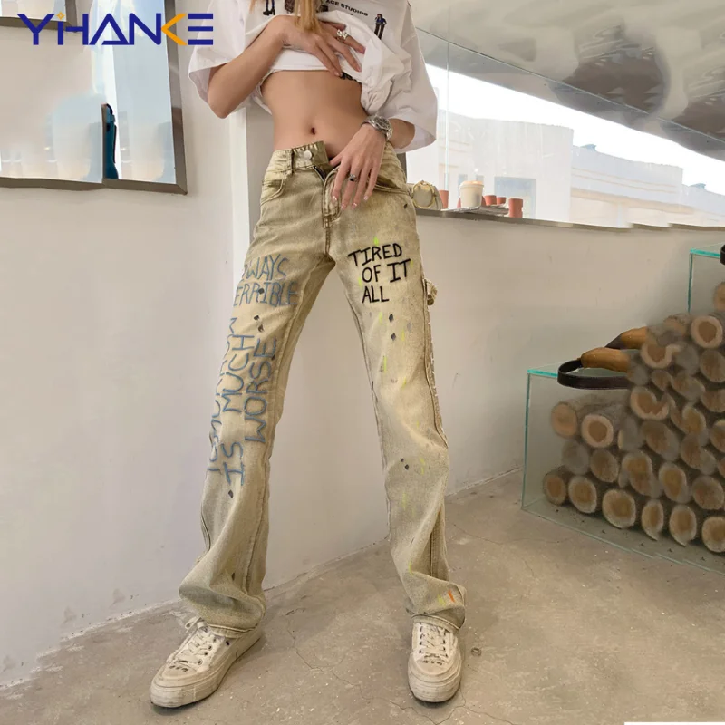 Винтажные джинсы с вышитыми буквами, женские брюки с высокой талией в корейском стиле, уличная одежда, прямые мешковатые брюки, джинсовые брюки