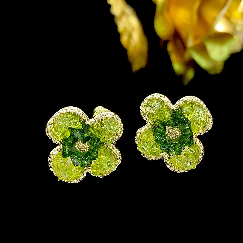 Двухцветные серьги с четырехлистным клевером и зеленым хрустальным цветком для женщин