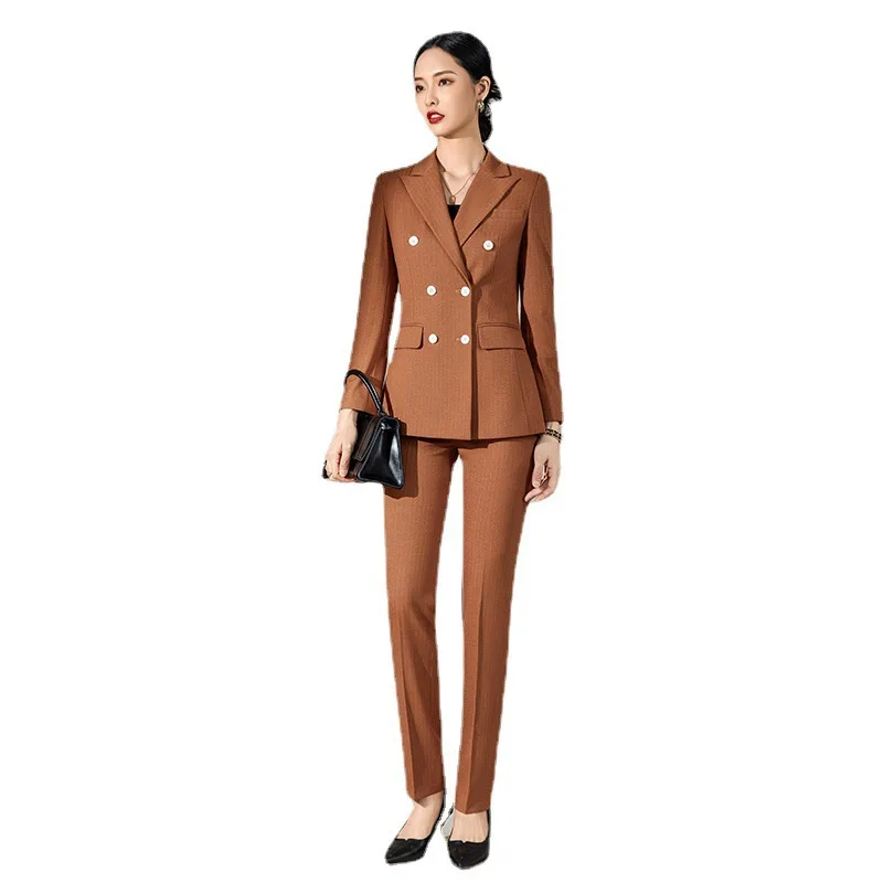 Женский Офисный костюм, Модный Блейзер, брючный костюм, Высококачественный Двубортный Полосатый топ с длинным рукавом + брюки, комплект из 2 предметов, блейзер