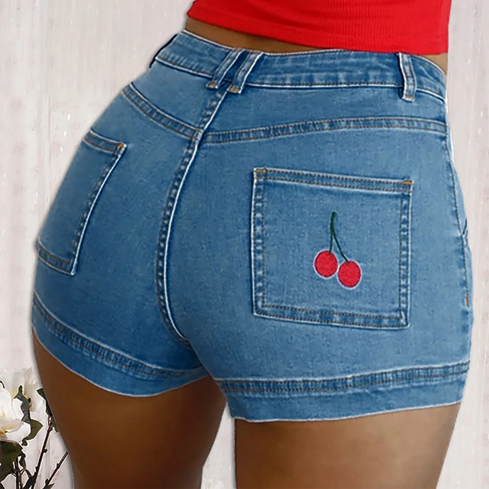 Летние женские Повседневные Сексуальные Короткие джинсы, Джинсовые шорты с вишневым принтом, карманы, Вышитая бахрома, Милая Эластичная талия, Женская ткань