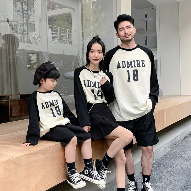 Одежда, футболка для родителей и детей для мамы и Дочки, Свободная Корейская футболка с круглым вырезом и надписью, Семейный Повседневный солнцезащитный Топ с длинными рукавами