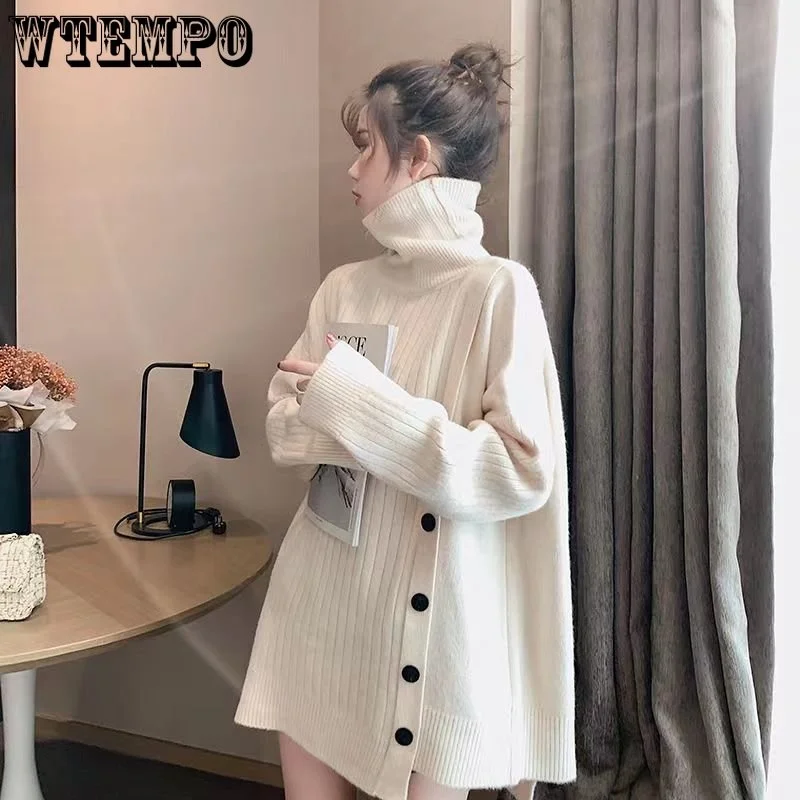 Свитер с высоким воротом и пуговицами сбоку, женский пуловер, корейская свободная трикотажная рубашка, тонкая и универсальная Оптовая продажа