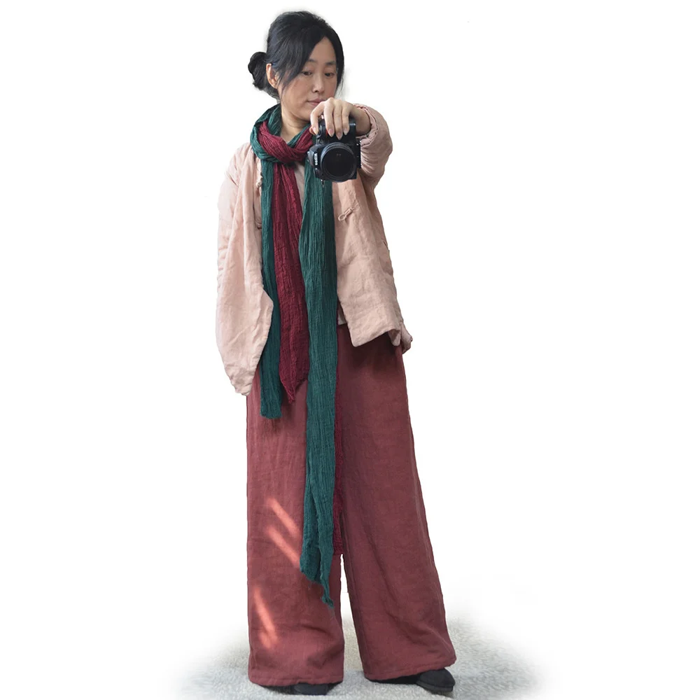 Широкие брюки для женщин с эластичной талией, Винтажные льняные брюки с подкладкой, зимние Традиционные толстые теплые брюки для медитации в китайском стиле